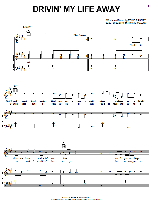 Preview Eddie Rabbitt Drivin' My Life Away Country sheet music, notes and chords for Piano, Vocal & Guitar (Right-Hand Melody), SKU: 19861 sheet music, piano notes, chords, guitar tabs, score, transpose, transcribe, how to play, guide, download, learn, tutorial, progression, song, artist, awards, billboard, mtv, vh1, tour, single, album, release