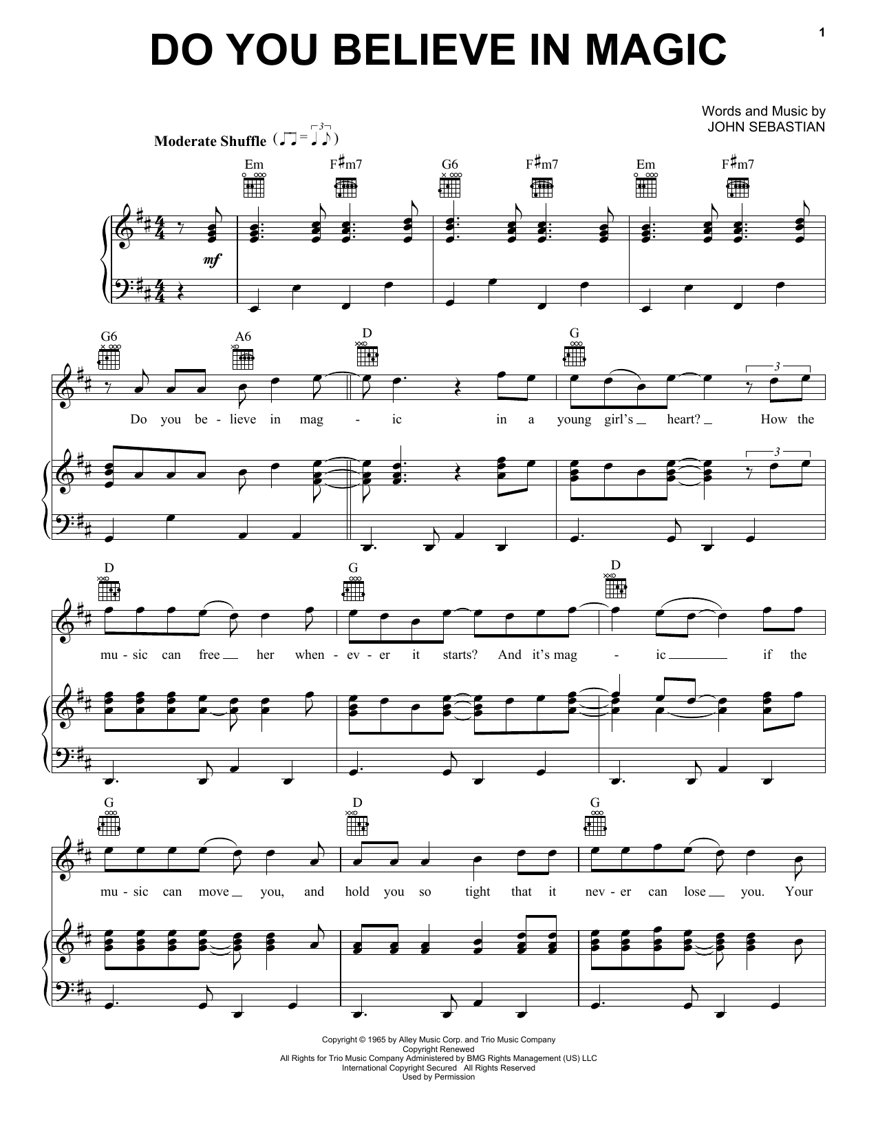 Preview The Lovin' Spoonful Do You Believe In Magic Pop sheet music, notes and chords for Piano, Vocal & Guitar (Right-Hand Melody), SKU: 19862 sheet music, piano notes, chords, guitar tabs, score, transpose, transcribe, how to play, guide, download, learn, tutorial, progression, song, artist, awards, billboard, mtv, vh1, tour, single, album, release