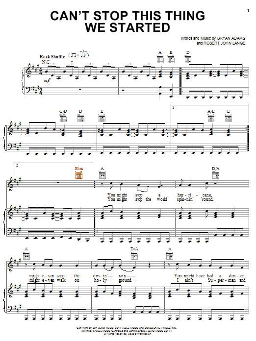 Preview Bryan Adams Can't Stop This Thing We Started Rock sheet music, notes and chords for Piano, Vocal & Guitar (Right-Hand Melody), SKU: 19864 sheet music, piano notes, chords, guitar tabs, score, transpose, transcribe, how to play, guide, download, learn, tutorial, progression, song, artist, awards, billboard, mtv, vh1, tour, single, album, release