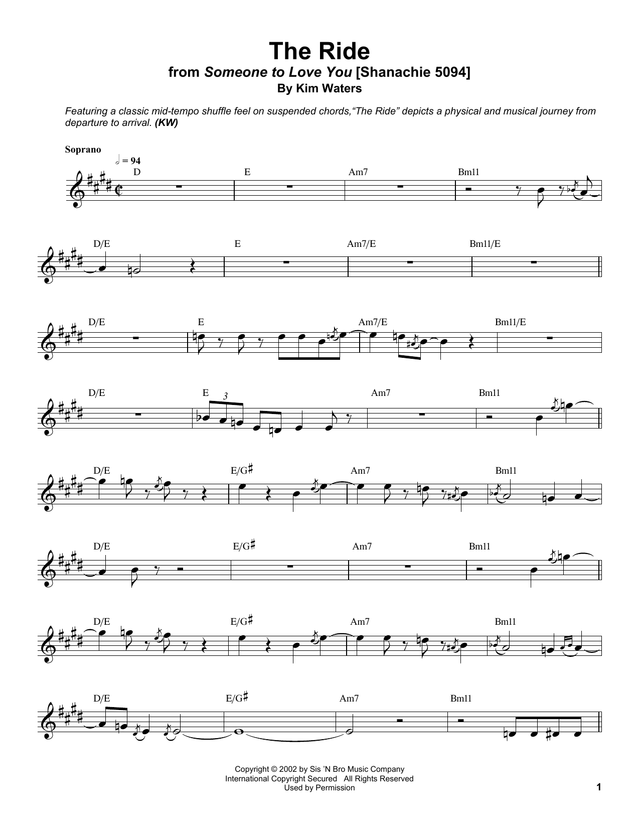 Preview Kim Waters The Ride Jazz sheet music, notes and chords for Soprano Sax Transcription, SKU: 198654 sheet music, piano notes, chords, guitar tabs, score, transpose, transcribe, how to play, guide, download, learn, tutorial, progression, song, artist, awards, billboard, mtv, vh1, tour, single, album, release