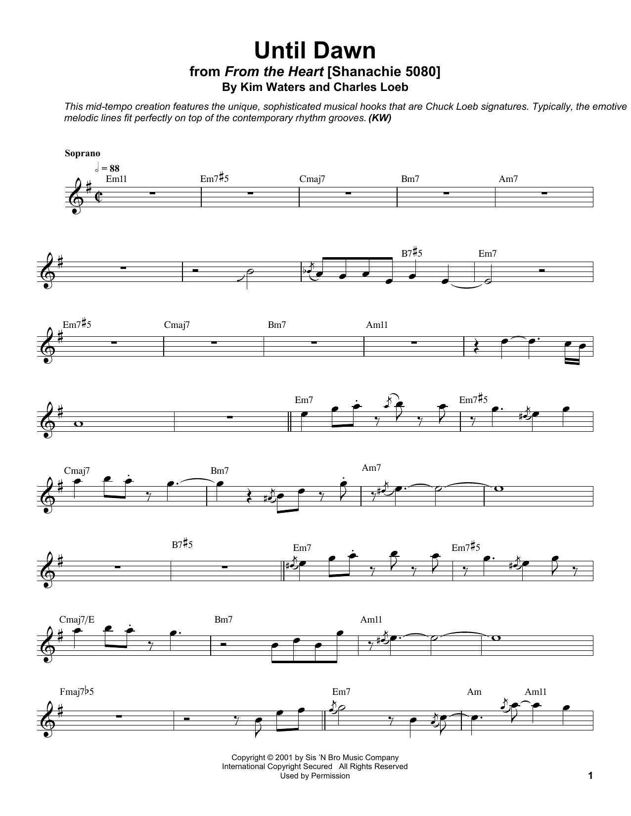 Preview Kim Waters Until Dawn Jazz sheet music, notes and chords for Soprano Sax Transcription, SKU: 198656 sheet music, piano notes, chords, guitar tabs, score, transpose, transcribe, how to play, guide, download, learn, tutorial, progression, song, artist, awards, billboard, mtv, vh1, tour, single, album, release