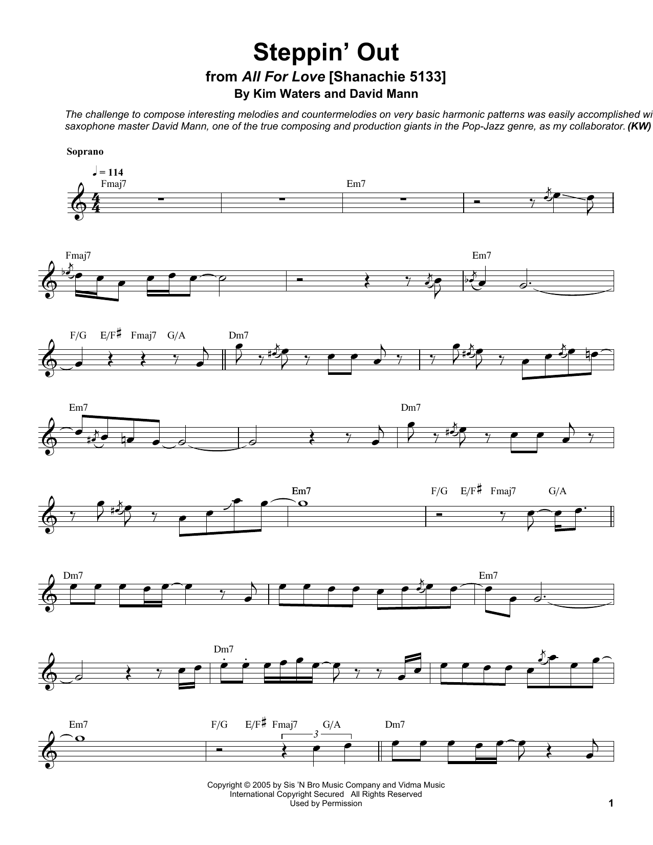 Preview Kim Waters Steppin' Out Jazz sheet music, notes and chords for Soprano Sax Transcription, SKU: 198662 sheet music, piano notes, chords, guitar tabs, score, transpose, transcribe, how to play, guide, download, learn, tutorial, progression, song, artist, awards, billboard, mtv, vh1, tour, single, album, release