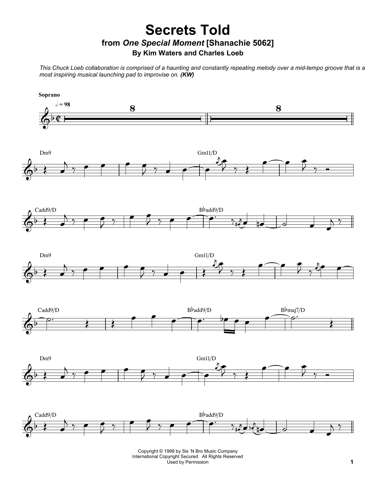 Preview Kim Waters Secrets Told Jazz sheet music, notes and chords for Soprano Sax Transcription, SKU: 198667 sheet music, piano notes, chords, guitar tabs, score, transpose, transcribe, how to play, guide, download, learn, tutorial, progression, song, artist, awards, billboard, mtv, vh1, tour, single, album, release