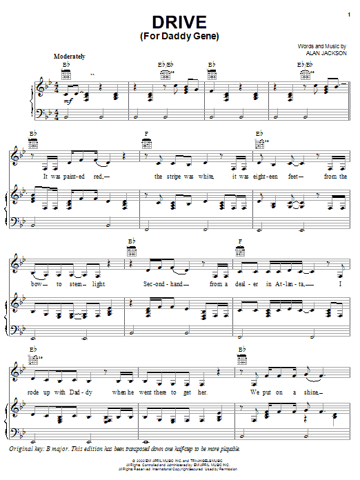 Preview Alan Jackson Drive (For Daddy Gene) Pop sheet music, notes and chords for Piano, Vocal & Guitar (Right-Hand Melody), SKU: 19866 sheet music, piano notes, chords, guitar tabs, score, transpose, transcribe, how to play, guide, download, learn, tutorial, progression, song, artist, awards, billboard, mtv, vh1, tour, single, album, release