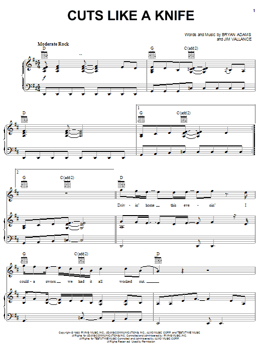 Preview Bryan Adams Cuts Like A Knife Rock sheet music, notes and chords for Piano, Vocal & Guitar (Right-Hand Melody), SKU: 19869 sheet music, piano notes, chords, guitar tabs, score, transpose, transcribe, how to play, guide, download, learn, tutorial, progression, song, artist, awards, billboard, mtv, vh1, tour, single, album, release