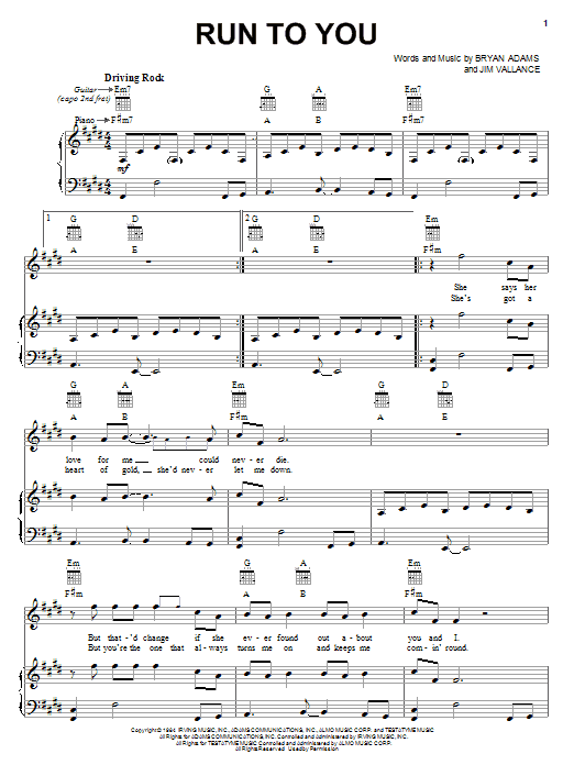 Preview Bryan Adams Run To You Rock sheet music, notes and chords for Piano, Vocal & Guitar (Right-Hand Melody), SKU: 19873 sheet music, piano notes, chords, guitar tabs, score, transpose, transcribe, how to play, guide, download, learn, tutorial, progression, song, artist, awards, billboard, mtv, vh1, tour, single, album, release