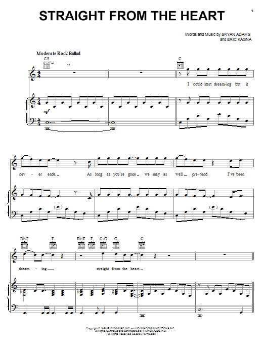 Preview Bryan Adams Straight From The Heart Pop sheet music, notes and chords for Piano, Vocal & Guitar (Right-Hand Melody), SKU: 19876 sheet music, piano notes, chords, guitar tabs, score, transpose, transcribe, how to play, guide, download, learn, tutorial, progression, song, artist, awards, billboard, mtv, vh1, tour, single, album, release