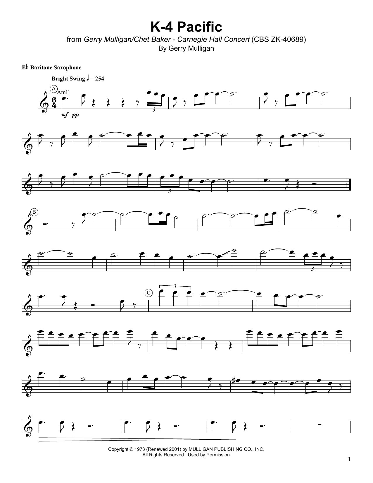 Preview Gerry Mulligan K-4 Pacific Jazz sheet music, notes and chords for Baritone Sax Transcription, SKU: 198782 sheet music, piano notes, chords, guitar tabs, score, transpose, transcribe, how to play, guide, download, learn, tutorial, progression, song, artist, awards, billboard, mtv, vh1, tour, single, album, release