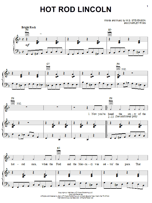 Preview Charlie Ryan Hot Rod Lincoln Jazz sheet music, notes and chords for Piano, Vocal & Guitar (Right-Hand Melody), SKU: 19878 sheet music, piano notes, chords, guitar tabs, score, transpose, transcribe, how to play, guide, download, learn, tutorial, progression, song, artist, awards, billboard, mtv, vh1, tour, single, album, release