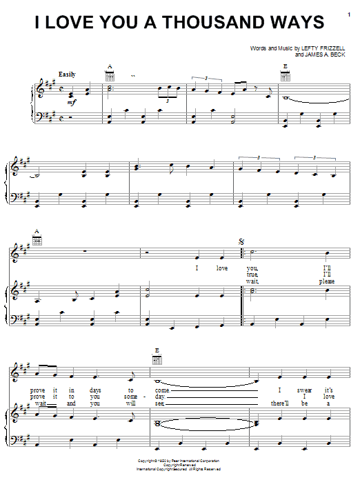Preview Lefty Frizzell I Love You A Thousand Ways Country sheet music, notes and chords for Piano, Vocal & Guitar (Right-Hand Melody), SKU: 19882 sheet music, piano notes, chords, guitar tabs, score, transpose, transcribe, how to play, guide, download, learn, tutorial, progression, song, artist, awards, billboard, mtv, vh1, tour, single, album, release