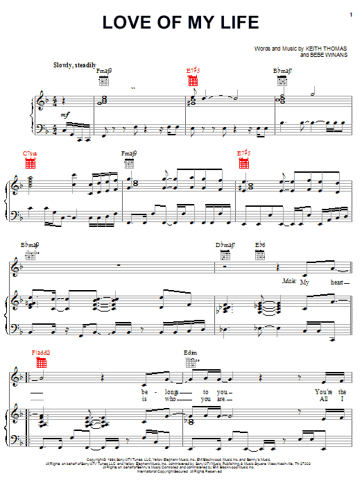Preview BeBe Winans Love Of My Life Pop sheet music, notes and chords for Piano, Vocal & Guitar (Right-Hand Melody), SKU: 19884 sheet music, piano notes, chords, guitar tabs, score, transpose, transcribe, how to play, guide, download, learn, tutorial, progression, song, artist, awards, billboard, mtv, vh1, tour, single, album, release