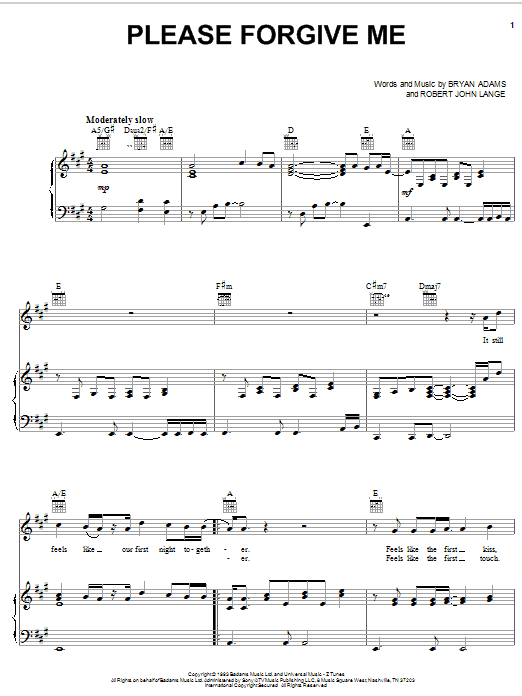 Preview Bryan Adams Please Forgive Me Pop sheet music, notes and chords for Piano, Vocal & Guitar (Right-Hand Melody), SKU: 19886 sheet music, piano notes, chords, guitar tabs, score, transpose, transcribe, how to play, guide, download, learn, tutorial, progression, song, artist, awards, billboard, mtv, vh1, tour, single, album, release