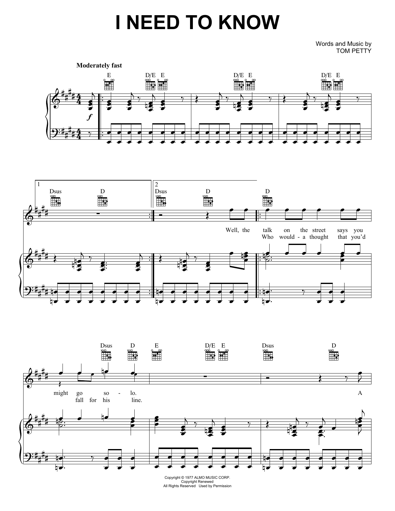 Preview Tom Petty And The Heartbreakers I Need To Know Rock sheet music, notes and chords for Piano, Vocal & Guitar (Right-Hand Melody), SKU: 19887 sheet music, piano notes, chords, guitar tabs, score, transpose, transcribe, how to play, guide, download, learn, tutorial, progression, song, artist, awards, billboard, mtv, vh1, tour, single, album, release