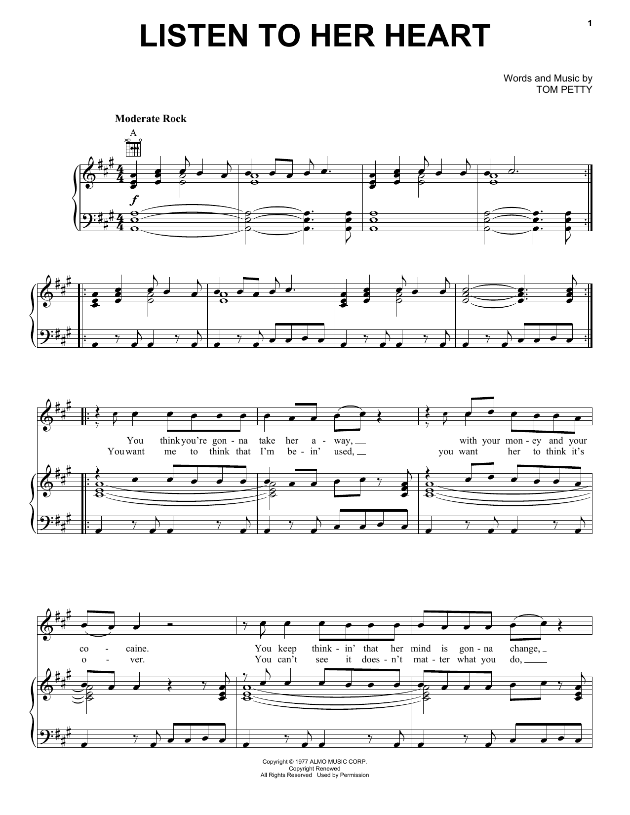 Preview Tom Petty And The Heartbreakers Listen To Her Heart Rock sheet music, notes and chords for Piano, Vocal & Guitar (Right-Hand Melody), SKU: 19889 sheet music, piano notes, chords, guitar tabs, score, transpose, transcribe, how to play, guide, download, learn, tutorial, progression, song, artist, awards, billboard, mtv, vh1, tour, single, album, release