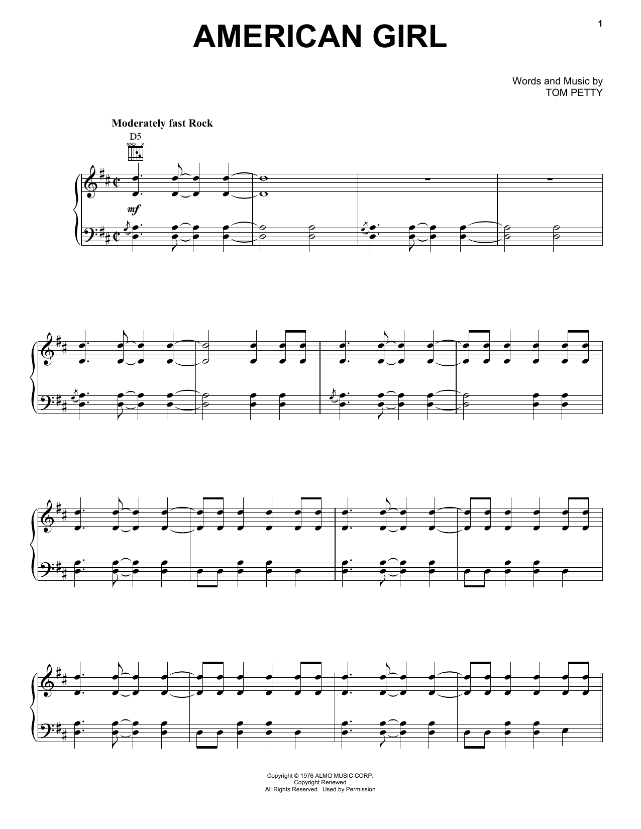 Preview Tom Petty And The Heartbreakers American Girl Rock sheet music, notes and chords for Piano, Vocal & Guitar (Right-Hand Melody), SKU: 19891 sheet music, piano notes, chords, guitar tabs, score, transpose, transcribe, how to play, guide, download, learn, tutorial, progression, song, artist, awards, billboard, mtv, vh1, tour, single, album, release