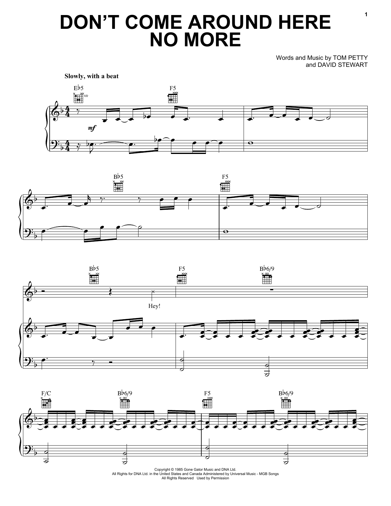 Preview Tom Petty And The Heartbreakers Don't Come Around Here No More Rock sheet music, notes and chords for Piano, Vocal & Guitar (Right-Hand Melody), SKU: 19892 sheet music, piano notes, chords, guitar tabs, score, transpose, transcribe, how to play, guide, download, learn, tutorial, progression, song, artist, awards, billboard, mtv, vh1, tour, single, album, release