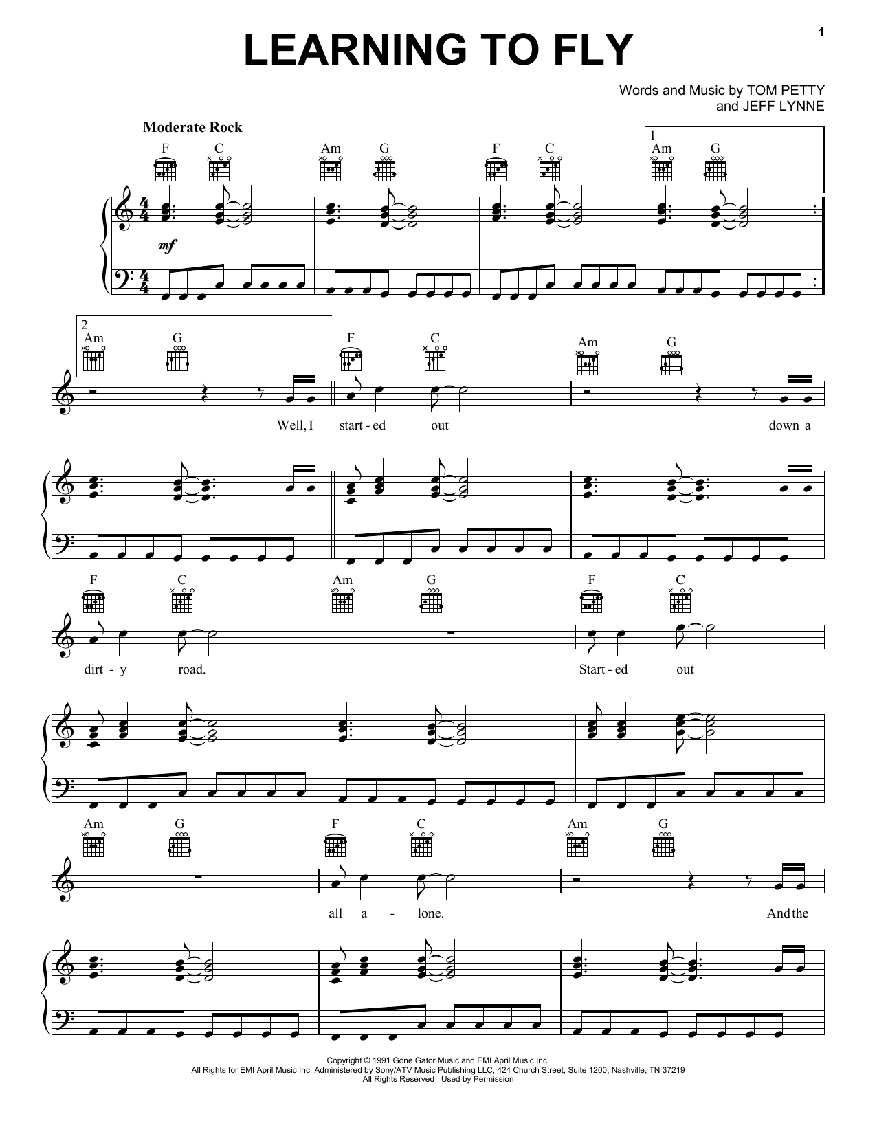 Preview Tom Petty And The Heartbreakers Learning To Fly Rock sheet music, notes and chords for Piano, Vocal & Guitar (Right-Hand Melody), SKU: 19901 sheet music, piano notes, chords, guitar tabs, score, transpose, transcribe, how to play, guide, download, learn, tutorial, progression, song, artist, awards, billboard, mtv, vh1, tour, single, album, release