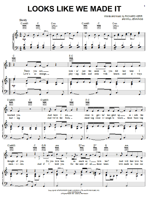 Preview Barry Manilow Looks Like We Made It Rock sheet music, notes and chords for Piano & Vocal, SKU: 19902 sheet music, piano notes, chords, guitar tabs, score, transpose, transcribe, how to play, guide, download, learn, tutorial, progression, song, artist, awards, billboard, mtv, vh1, tour, single, album, release