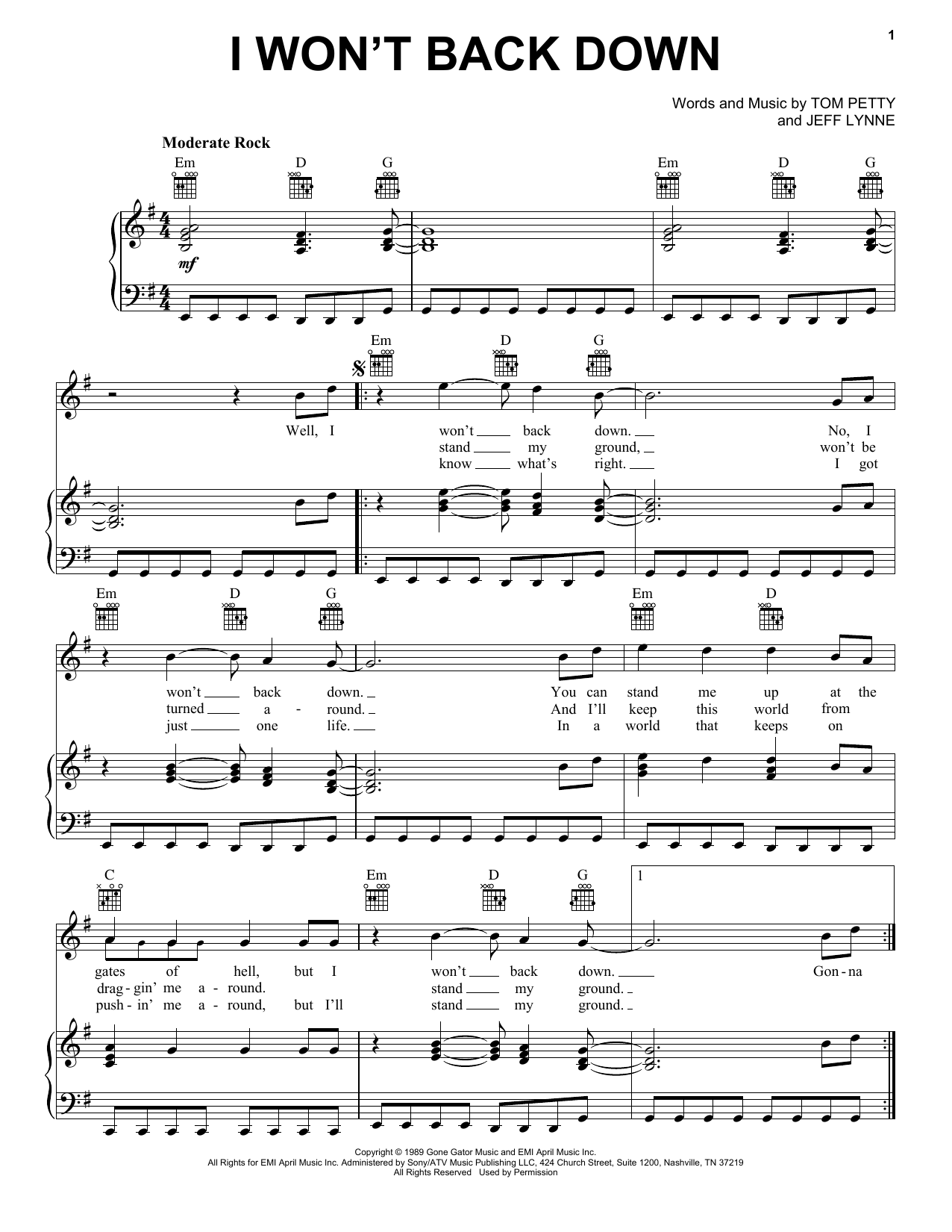 Preview Tom Petty I Won't Back Down Rock sheet music, notes and chords for Piano, Vocal & Guitar (Right-Hand Melody), SKU: 19903 sheet music, piano notes, chords, guitar tabs, score, transpose, transcribe, how to play, guide, download, learn, tutorial, progression, song, artist, awards, billboard, mtv, vh1, tour, single, album, release
