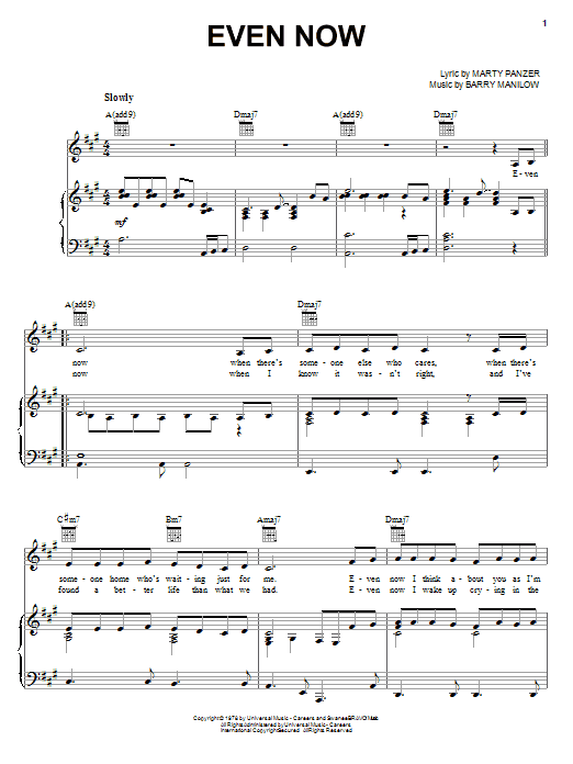 Preview Barry Manilow Even Now Rock sheet music, notes and chords for Piano, Vocal & Guitar (Right-Hand Melody), SKU: 19906 sheet music, piano notes, chords, guitar tabs, score, transpose, transcribe, how to play, guide, download, learn, tutorial, progression, song, artist, awards, billboard, mtv, vh1, tour, single, album, release
