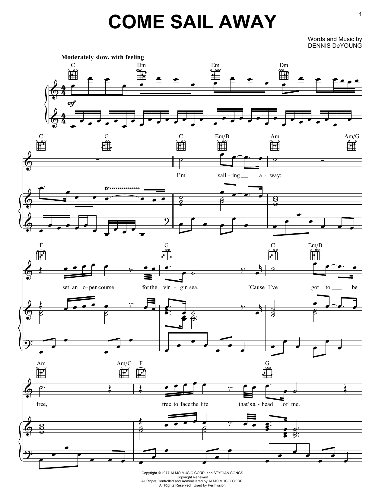 Preview Styx Come Sail Away Rock sheet music, notes and chords for Piano, Vocal & Guitar (Right-Hand Melody), SKU: 19908 sheet music, piano notes, chords, guitar tabs, score, transpose, transcribe, how to play, guide, download, learn, tutorial, progression, song, artist, awards, billboard, mtv, vh1, tour, single, album, release