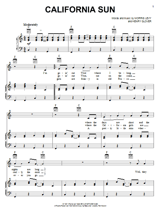 Preview The Rivieras California Sun Rock sheet music, notes and chords for Piano, Vocal & Guitar (Right-Hand Melody), SKU: 19909 sheet music, piano notes, chords, guitar tabs, score, transpose, transcribe, how to play, guide, download, learn, tutorial, progression, song, artist, awards, billboard, mtv, vh1, tour, single, album, release