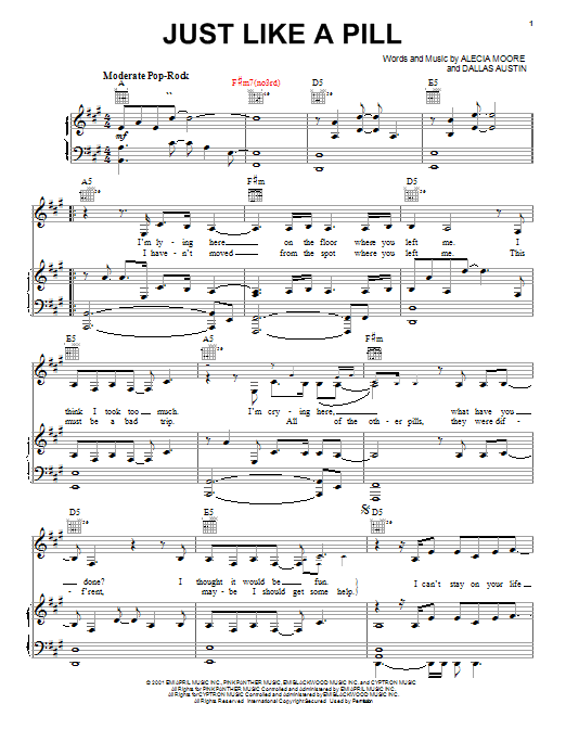 Preview Pink Just Like A Pill R & B sheet music, notes and chords for Piano, Vocal & Guitar (Right-Hand Melody), SKU: 19916 sheet music, piano notes, chords, guitar tabs, score, transpose, transcribe, how to play, guide, download, learn, tutorial, progression, song, artist, awards, billboard, mtv, vh1, tour, single, album, release