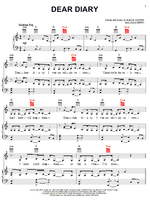Preview Pink Dear Diary R & B sheet music, notes and chords for Piano, Vocal & Guitar (Right-Hand Melody), SKU: 19920 sheet music, piano notes, chords, guitar tabs, score, transpose, transcribe, how to play, guide, download, learn, tutorial, progression, song, artist, awards, billboard, mtv, vh1, tour, single, album, release