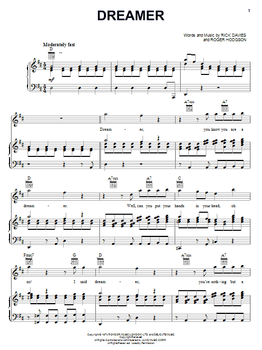 Preview Supertramp Dreamer Rock sheet music, notes and chords for Piano, Vocal & Guitar (Right-Hand Melody), SKU: 19924 sheet music, piano notes, chords, guitar tabs, score, transpose, transcribe, how to play, guide, download, learn, tutorial, progression, song, artist, awards, billboard, mtv, vh1, tour, single, album, release
