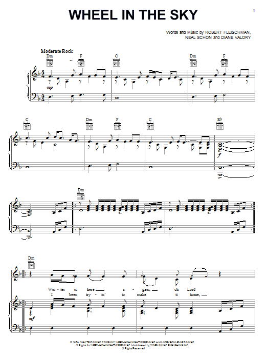 Preview Journey Wheel In The Sky Rock sheet music, notes and chords for Piano, Vocal & Guitar (Right-Hand Melody), SKU: 19925 sheet music, piano notes, chords, guitar tabs, score, transpose, transcribe, how to play, guide, download, learn, tutorial, progression, song, artist, awards, billboard, mtv, vh1, tour, single, album, release