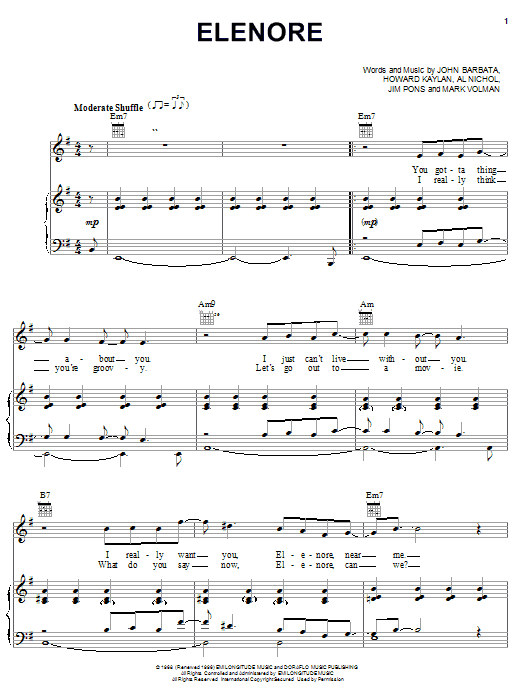 Preview The Turtles Elenore Rock sheet music, notes and chords for Piano, Vocal & Guitar (Right-Hand Melody), SKU: 19927 sheet music, piano notes, chords, guitar tabs, score, transpose, transcribe, how to play, guide, download, learn, tutorial, progression, song, artist, awards, billboard, mtv, vh1, tour, single, album, release
