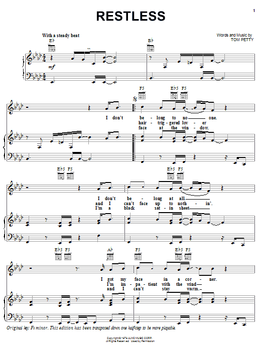 Preview Tom Petty And The Heartbreakers Restless Rock sheet music, notes and chords for Piano, Vocal & Guitar (Right-Hand Melody), SKU: 19929 sheet music, piano notes, chords, guitar tabs, score, transpose, transcribe, how to play, guide, download, learn, tutorial, progression, song, artist, awards, billboard, mtv, vh1, tour, single, album, release