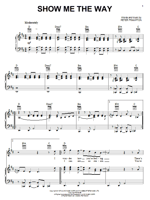 Preview Peter Frampton Show Me The Way Rock sheet music, notes and chords for Piano, Vocal & Guitar (Right-Hand Melody), SKU: 19930 sheet music, piano notes, chords, guitar tabs, score, transpose, transcribe, how to play, guide, download, learn, tutorial, progression, song, artist, awards, billboard, mtv, vh1, tour, single, album, release
