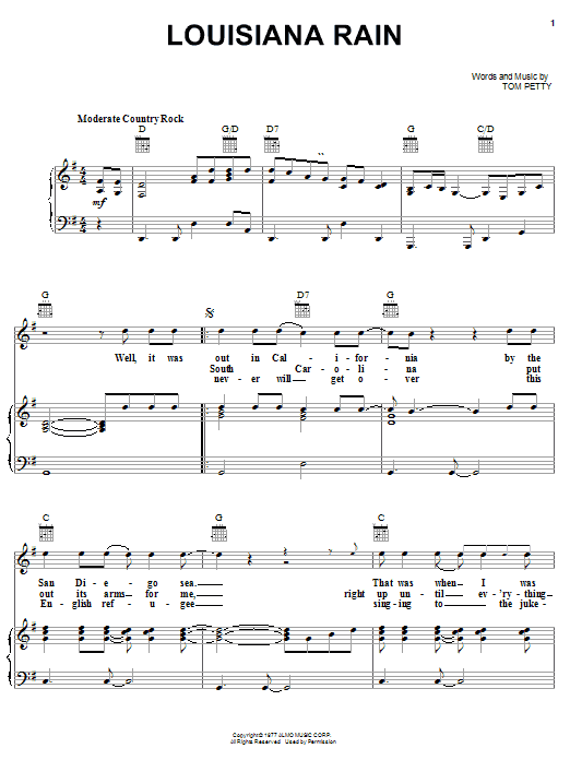 Preview Tom Petty And The Heartbreakers Louisiana Rain Rock sheet music, notes and chords for Piano, Vocal & Guitar (Right-Hand Melody), SKU: 19932 sheet music, piano notes, chords, guitar tabs, score, transpose, transcribe, how to play, guide, download, learn, tutorial, progression, song, artist, awards, billboard, mtv, vh1, tour, single, album, release
