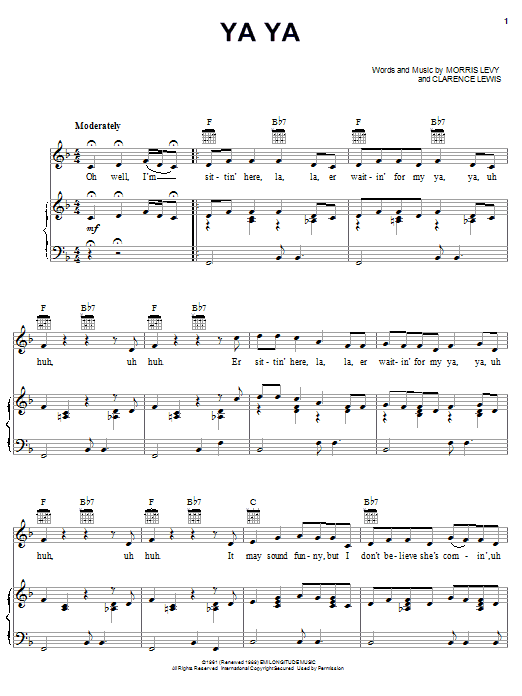 Preview Lee Dorsey Ya Ya Rock sheet music, notes and chords for Piano, Vocal & Guitar (Right-Hand Melody), SKU: 19934 sheet music, piano notes, chords, guitar tabs, score, transpose, transcribe, how to play, guide, download, learn, tutorial, progression, song, artist, awards, billboard, mtv, vh1, tour, single, album, release
