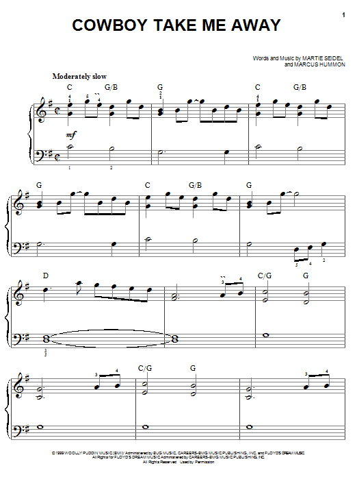 Preview Dixie Chicks Cowboy Take Me Away Pop sheet music, notes and chords for Easy Piano, SKU: 19939 sheet music, piano notes, chords, guitar tabs, score, transpose, transcribe, how to play, guide, download, learn, tutorial, progression, song, artist, awards, billboard, mtv, vh1, tour, single, album, release