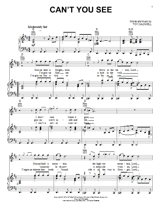 Preview Marshall Tucker Band Can't You See Pop sheet music, notes and chords for Piano, Vocal & Guitar (Right-Hand Melody), SKU: 19941 sheet music, piano notes, chords, guitar tabs, score, transpose, transcribe, how to play, guide, download, learn, tutorial, progression, song, artist, awards, billboard, mtv, vh1, tour, single, album, release