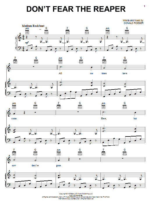 Preview Blue Oyster Cult Don't Fear The Reaper Pop sheet music, notes and chords for Piano, Vocal & Guitar (Right-Hand Melody), SKU: 19943 sheet music, piano notes, chords, guitar tabs, score, transpose, transcribe, how to play, guide, download, learn, tutorial, progression, song, artist, awards, billboard, mtv, vh1, tour, single, album, release