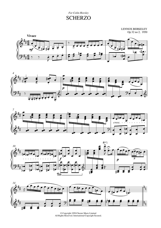 Preview Lennox Berkeley Scherzo Classical sheet music, notes and chords for Piano, SKU: 19945 sheet music, piano notes, chords, guitar tabs, score, transpose, transcribe, how to play, guide, download, learn, tutorial, progression, song, artist, awards, billboard, mtv, vh1, tour, single, album, release