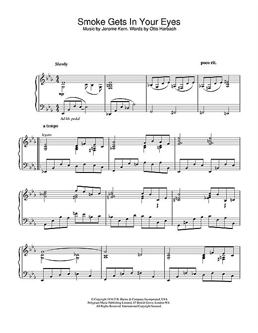 Preview Jerome Kern Smoke Gets In Your Eyes Jazz sheet music, notes and chords for Easy Piano, SKU: 19947 sheet music, piano notes, chords, guitar tabs, score, transpose, transcribe, how to play, guide, download, learn, tutorial, progression, song, artist, awards, billboard, mtv, vh1, tour, single, album, release