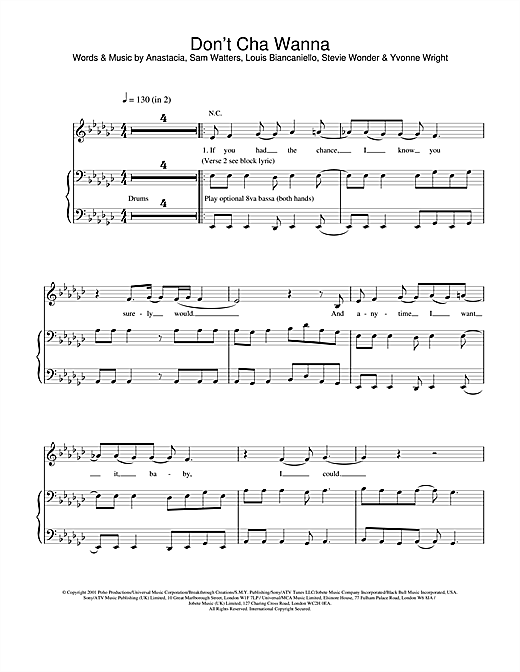 Preview Anastacia Don't Cha Wanna R & B sheet music, notes and chords for Piano, Vocal & Guitar, SKU: 19954 sheet music, piano notes, chords, guitar tabs, score, transpose, transcribe, how to play, guide, download, learn, tutorial, progression, song, artist, awards, billboard, mtv, vh1, tour, single, album, release