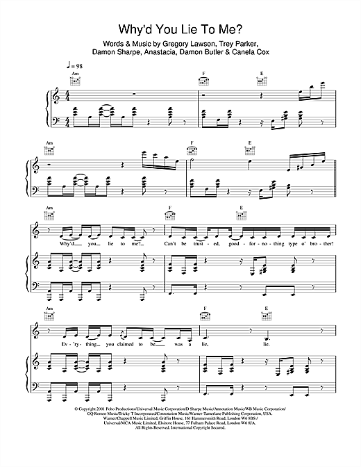 Preview Anastacia Why'd You Lie To Me? R & B sheet music, notes and chords for Piano, Vocal & Guitar, SKU: 19955 sheet music, piano notes, chords, guitar tabs, score, transpose, transcribe, how to play, guide, download, learn, tutorial, progression, song, artist, awards, billboard, mtv, vh1, tour, single, album, release