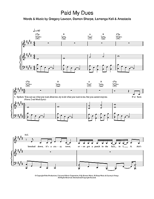 Preview Anastacia Paid My Dues R & B sheet music, notes and chords for Piano, Vocal & Guitar, SKU: 19956 sheet music, piano notes, chords, guitar tabs, score, transpose, transcribe, how to play, guide, download, learn, tutorial, progression, song, artist, awards, billboard, mtv, vh1, tour, single, album, release