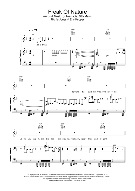 Preview Anastacia Freak Of Nature R & B sheet music, notes and chords for Piano, Vocal & Guitar, SKU: 19957 sheet music, piano notes, chords, guitar tabs, score, transpose, transcribe, how to play, guide, download, learn, tutorial, progression, song, artist, awards, billboard, mtv, vh1, tour, single, album, release