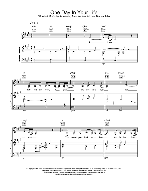 Preview Anastacia One Day In Your Life R & B sheet music, notes and chords for Piano, Vocal & Guitar, SKU: 19961 sheet music, piano notes, chords, guitar tabs, score, transpose, transcribe, how to play, guide, download, learn, tutorial, progression, song, artist, awards, billboard, mtv, vh1, tour, single, album, release