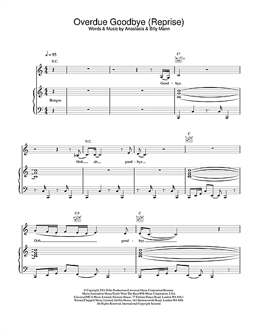 Preview Anastacia Overdue Goodbye (reprise) R & B sheet music, notes and chords for Piano, Vocal & Guitar, SKU: 19962 sheet music, piano notes, chords, guitar tabs, score, transpose, transcribe, how to play, guide, download, learn, tutorial, progression, song, artist, awards, billboard, mtv, vh1, tour, single, album, release
