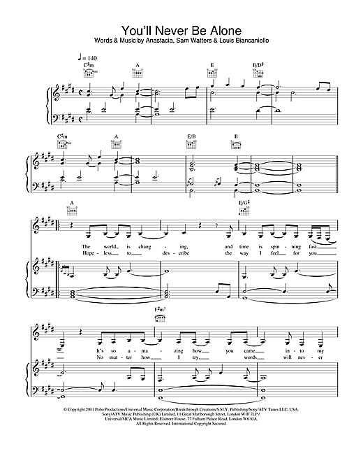 Preview Anastacia You'll Never Be Alone R & B sheet music, notes and chords for Piano, Vocal & Guitar, SKU: 19965 sheet music, piano notes, chords, guitar tabs, score, transpose, transcribe, how to play, guide, download, learn, tutorial, progression, song, artist, awards, billboard, mtv, vh1, tour, single, album, release