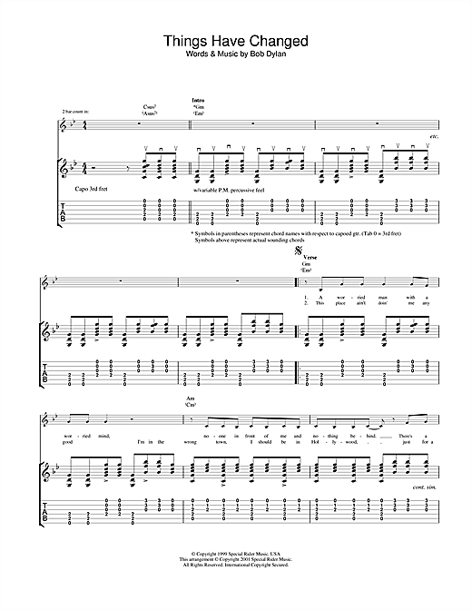 Preview Bob Dylan Things Have Changed Rock sheet music, notes and chords for Guitar Tab, SKU: 19969 sheet music, piano notes, chords, guitar tabs, score, transpose, transcribe, how to play, guide, download, learn, tutorial, progression, song, artist, awards, billboard, mtv, vh1, tour, single, album, release