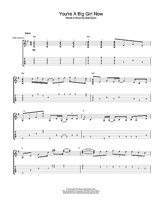 Preview Bob Dylan You're A Big Girl Now Rock sheet music, notes and chords for Guitar Tab, SKU: 19971 sheet music, piano notes, chords, guitar tabs, score, transpose, transcribe, how to play, guide, download, learn, tutorial, progression, song, artist, awards, billboard, mtv, vh1, tour, single, album, release