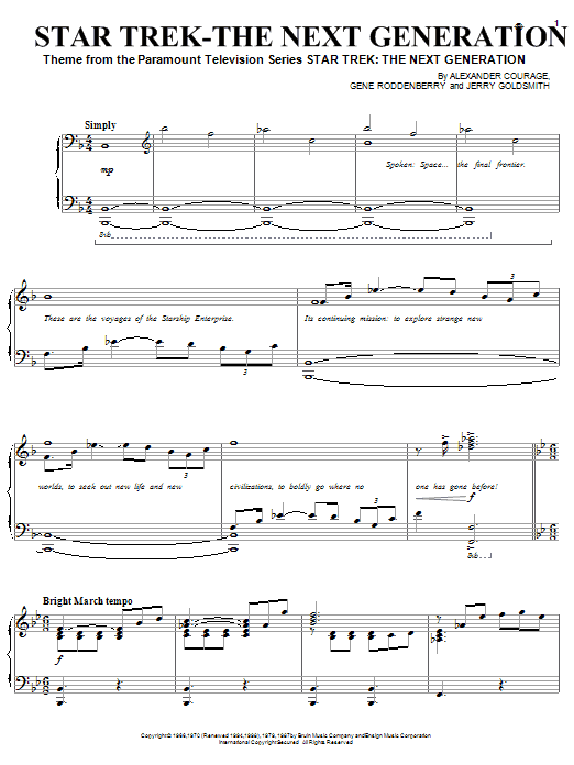 Preview Gene Roddenberry Star Trek - The Next Generation(R) Film and TV sheet music, notes and chords for Piano, SKU: 19974 sheet music, piano notes, chords, guitar tabs, score, transpose, transcribe, how to play, guide, download, learn, tutorial, progression, song, artist, awards, billboard, mtv, vh1, tour, single, album, release